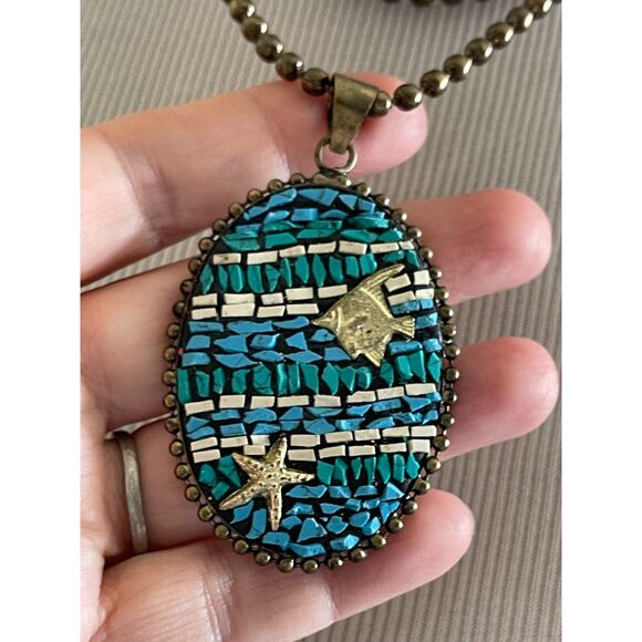 Vintage Turquoise Chip Mosaic Fish & Star Pendant Necklace Copper Bead Chain - Picture 1 of 9